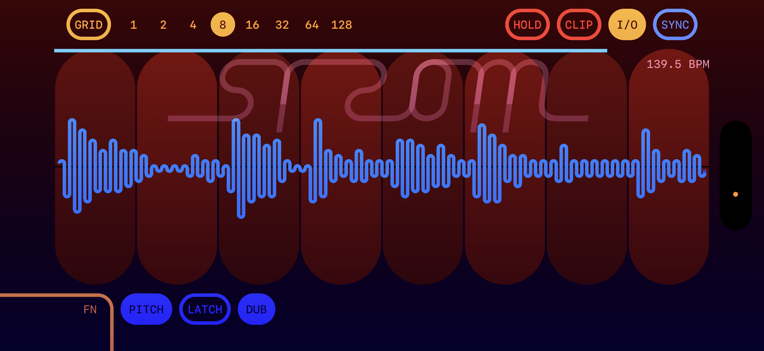 STROM default screen, GRID mode, 8 slices, default sample loaded