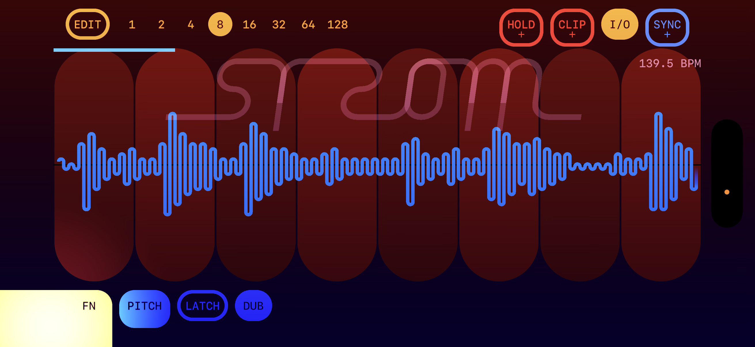 FN held — top buttons show modifier indicators, bottom row pulses blue