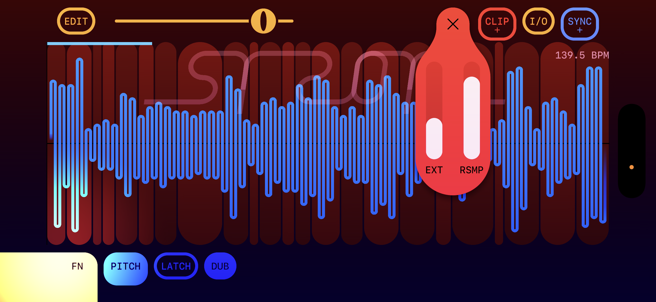 I/O mixer popup — EXT and RSMP vertical sliders