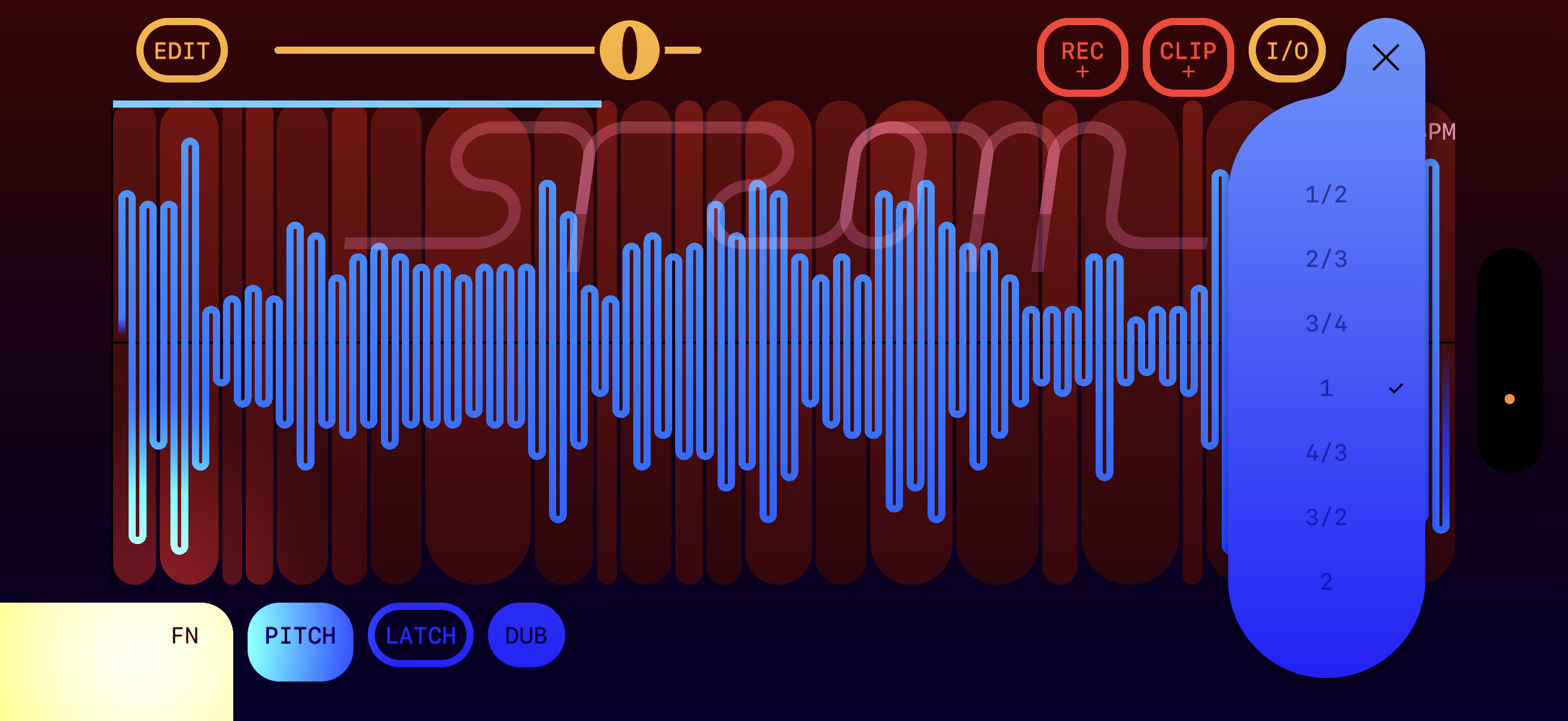 SYNC multiplier menu — ½, ⅔, ¾, 1 (selected), 4/3, 3/2, 2