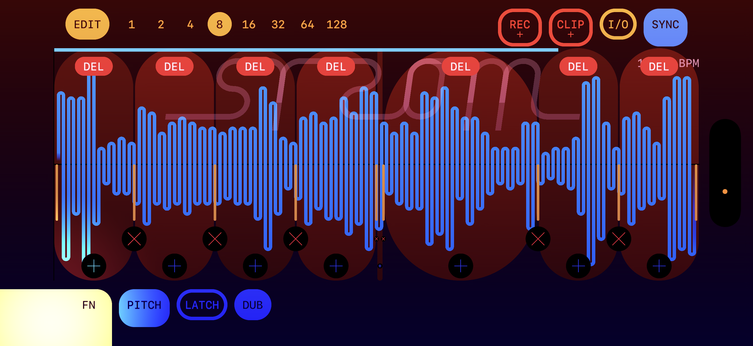 Edit mode with FN held — DEL bubbles appear over each slice for cut-and-splice deletion